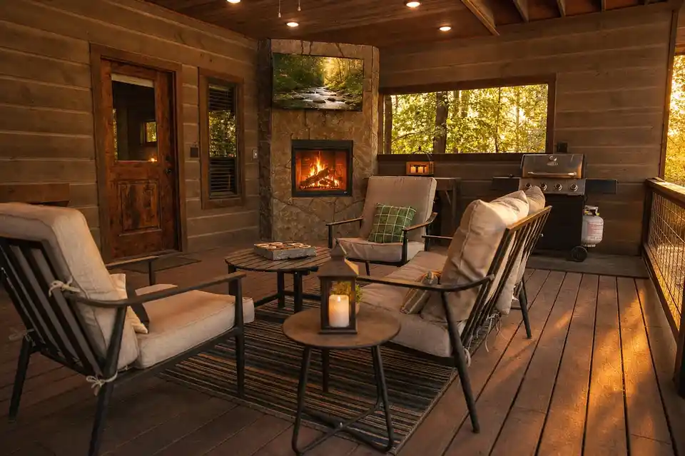 Covered cabin deck with a stone fireplace and comfortable seating