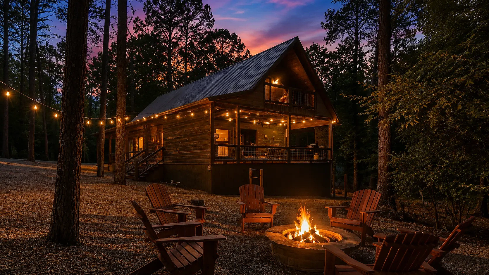 The Rustic Reserve cabin glowing at dusk, with a fire pit among the trees