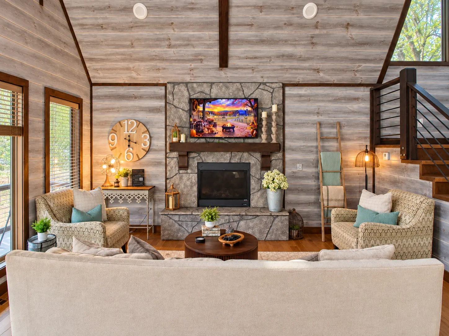 Living room fireplace at The Rustic Reserve