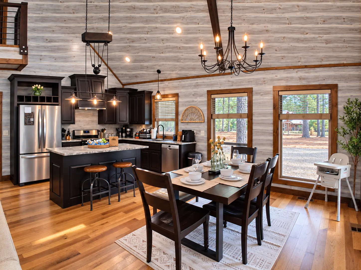 Open dining and kitchen area at The Rustic Reserve