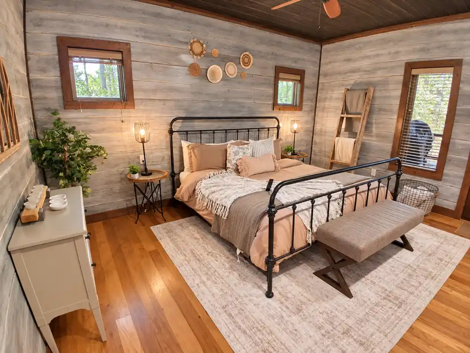 Primary king bedroom bed display at The Rustic Reserve